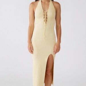 Urban Outfitters Cream Halter Knit Midi Dress with Front Slit